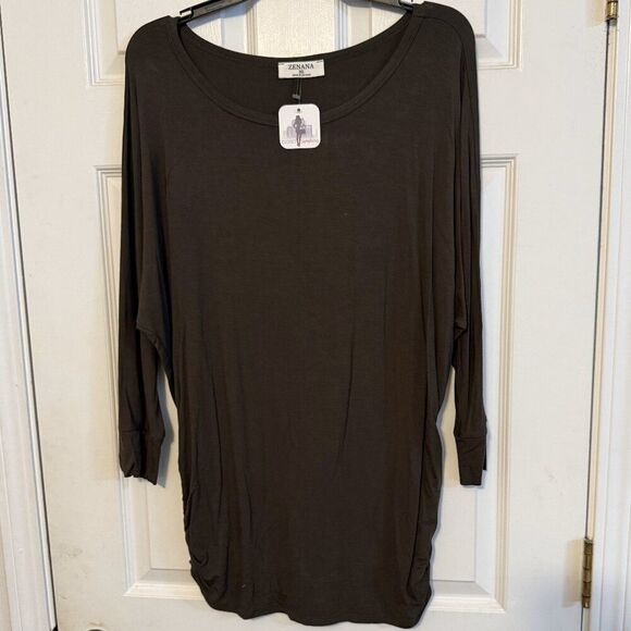 NWT Zenana Top Army Green | Wide Neck | Rouched Bottom | Stretchy | Oversized - Picture 1 of 4